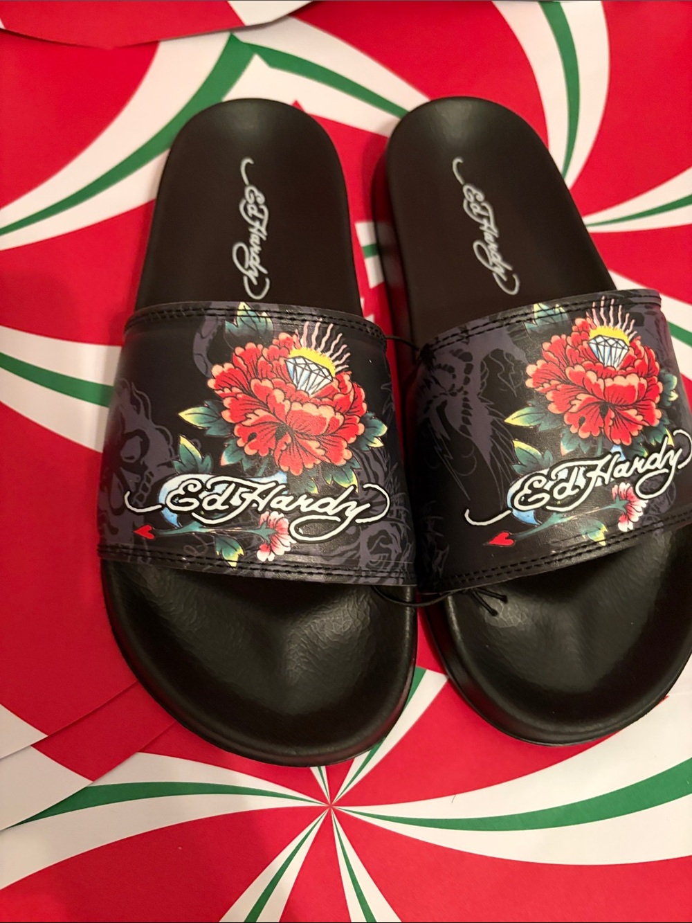 Ed Hardy Black Slides with Red Floral Graphic